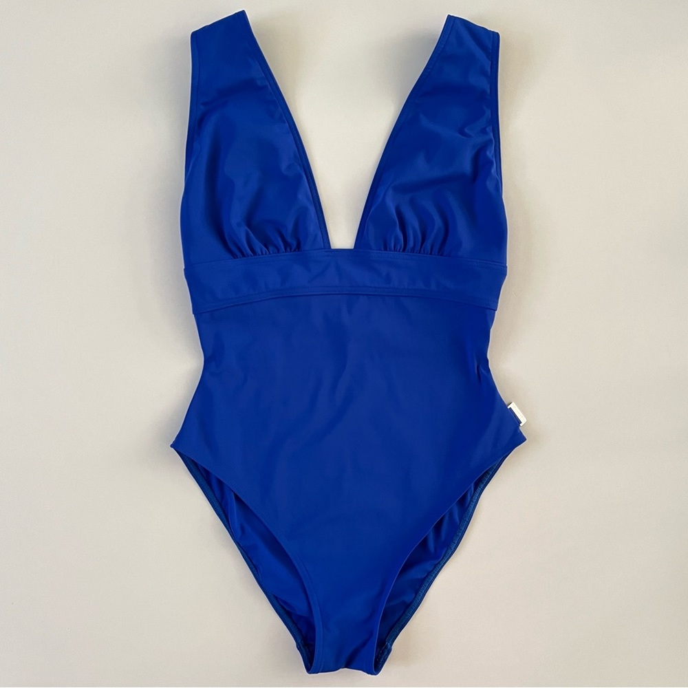 SHAN Blue Plunging Wide Strap One Piece Swimsuit Bathing Suit Size 8